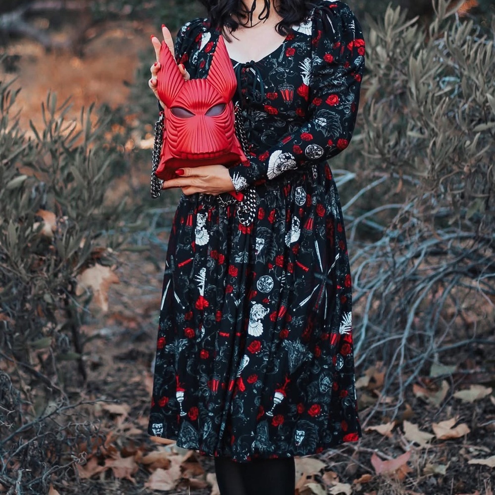 La Femme en Noir Dracula Gothic Tales Toile Swing Black Red Dress - Small Medium